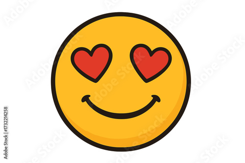 In love emoji with heart eyes. Cute happy smiley face emoticon showing adoration, like and romantic feelings. Vector illustration cartoon character symbol for passion and emotion.