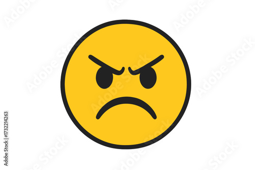 Angry face emoji. Mad emoticon icon. Furious smiley character. Negative emotion symbol. Concept of anger, frustration, and rage. Bad mood expression. Unhappy customer feedback.