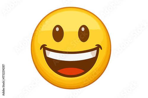 Grinning face emoji vector icon. Happy smiley face with big eyes. Cheerful emoticon with a huge smile and teeth. Positive emotion symbol. Joyful expression. Yellow cartoon character.