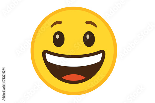 Grinning face with big eyes emoji. Happy smiley face with a huge smile. Positive yellow emoticon showing joy and happiness. Vector illustration symbol for chat and web icon.