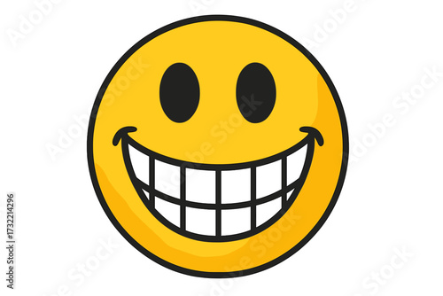 Happy face emoji with a big toothy grin. Cheerful yellow vector emoticon icon. Positive smiley character with a wide smile showing excitement, joy and fun concept illustration.