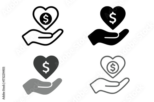Hand holding heart with dollar sign. Icon set for donation, charity, and philanthropy. Concept for giving money, financial support, fundraising, volunteering, and care. Vector.