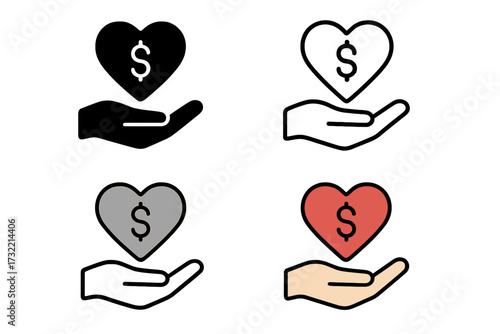 Hand with Heart money symbol icon set. Philanthropy, giving, donation concept. Vector graphic elements. Charity, help, support, and fundraising pictogram collection.