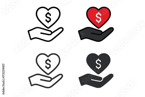 Donation and charity icon set. Hand holding heart with dollar sign. Philanthropy, financial support, and giving concept. Vector graphic for fundraising, social aid, sponsorship.