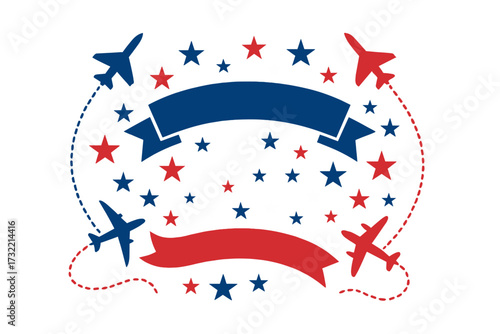 4th of July vector graphic for Independence Day. Patriotic USA celebration with airplanes, stars, and ribbon banners in red, white, and blue. American holiday airshow concept.