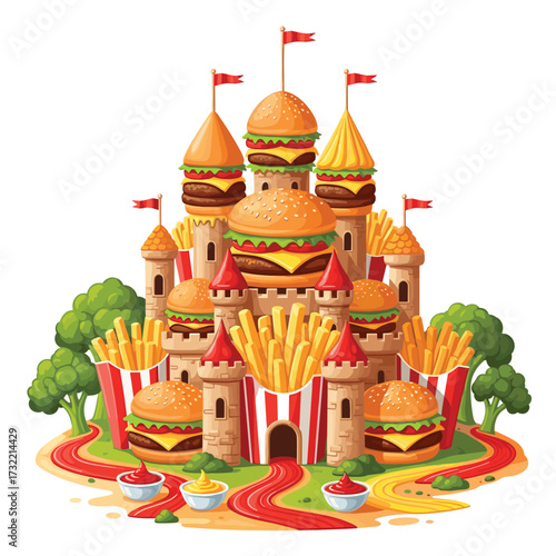 Whimsical burger castle with fries and dipping sauce, perfect for fast food promotions and playful food designs, sure to delight customers