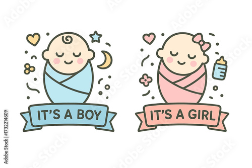 It's a boy and it's a girl gender reveal icon set. Cute newborn baby shower vector graphics. Minimal line art illustrations for announcements, invitations, and decorations.