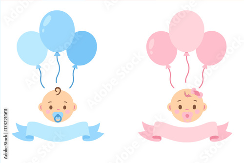 It's a boy and It's a girl gender reveal vector set. Baby shower announcement with cute baby face, balloons and banner. Blue and pink infant cartoon graphic elements.