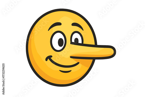 Liar emoji concept with long nose. Lying face smiley vector icon. Symbol for dishonesty, deception, fake news. Pinocchio story metaphor for untruthful information. Liar.