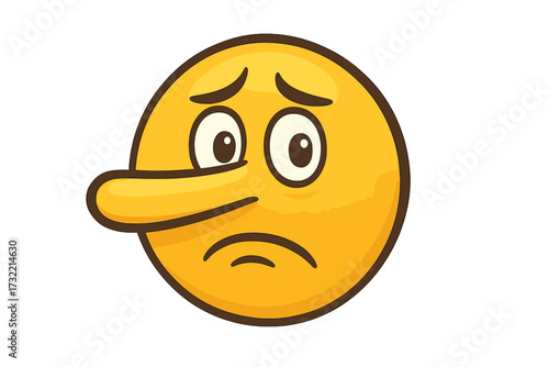 Liar emoji with long nose. Pinocchio story character. Metaphor for dishonesty, cheating and fake news. Sad vector emoticon face lying. Deception and untruth concept icon.
