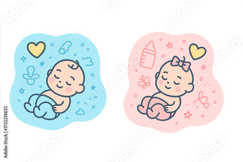 It's a boy and girl gender reveal vector graphic set. Cute newborn baby cartoon icons for baby shower. Blue and pink minimal linear elements for invitation design.