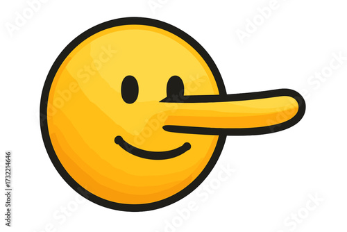 Lie emoticon concept with a long nose. Vector emoji smiley icon representing dishonesty, untruth, and fake news. Falsehood and liar symbol. Cheating character illustration.