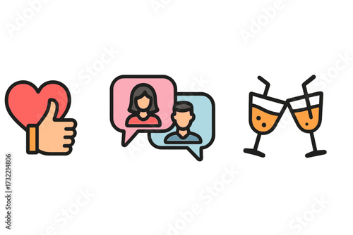 Online dating app icon set for match, chat, and date. Vector illustration of like heart, couple conversation bubbles, and cheers with drinks. Romance and relationship concept.