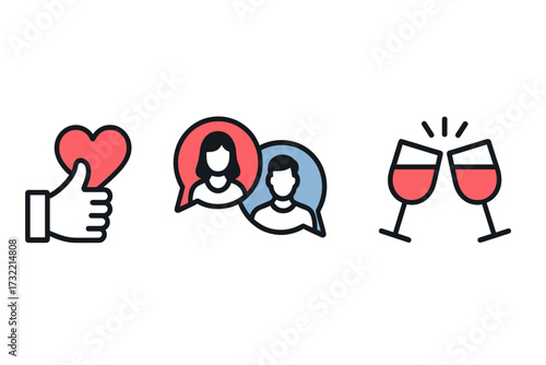 Online dating app process icons for match, chat, and date. Vector graphic set with thumbs up like heart, man and woman conversation bubbles, and wine glasses for a date.