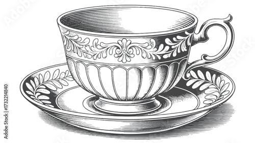 A detailed black and white engraving of an ornate vintage teacup and saucer set.  
