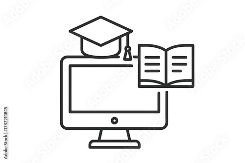 Online education line icon. E-learning, webinar, and tutorial concept. Vector illustration with computer screen, book, and academic hat for distance education and graduation.