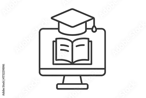 E-learning vector line icon. Online education, distance study concept. Computer screen with book, academic graduation hat. Symbol for workshop, webinar, tutorial, university.