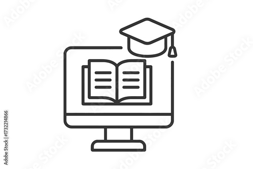 Online education and e-learning thin line icon. Vector illustration with computer screen, book, and academic hat for distance learning, workshops, webinars, and tutorials.