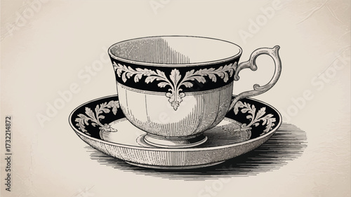 A detailed black and white engraving of an ornate vintage teacup and saucer set.  

