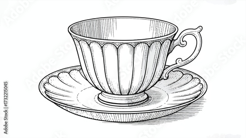 A detailed black and white line drawing of an elegant vintage teacup and saucer set 
