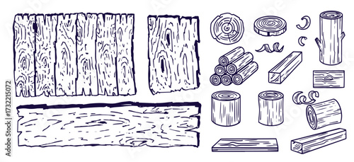 Wood rings. Round tree trunk cut with growth lines, wooden circle log with natural textured surface, carpentry material flat style. Vector isolated set