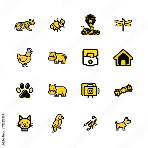 Collection of cute cartoon animal icons representing pets wildlife and symbols