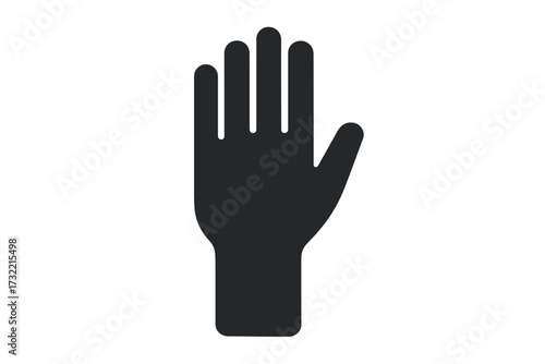 Stop hand symbol. Raised open palm gesture glyph icon. Vector for concepts like high five, vote, help, support, volunteering, questions, or participation. Black silhouette.