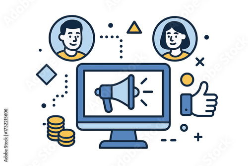 Referral program and affiliate marketing concept. Invite friends to an online business to earn prizes and money. Vector flat icon illustration of people network and promotion.