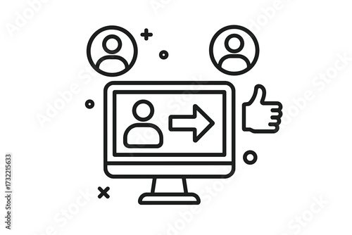 Referral program and affiliate marketing business concept. Invite friends and earn money or prizes. Customer acquisition strategy with users and thumbs up. Vector line icon.