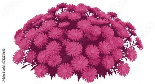 Pink pixelated flowers form dense round bush, white background