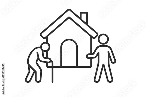 Retirement home thin line icon. Senior citizen moving to a nursing home. Caregiver helping elderly person. Assisted living, social care and housing support for old people.