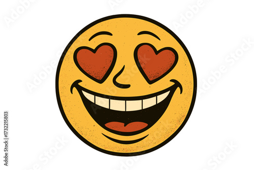 In love emoji with heart eyes. Retro cartoon smiley face illustration. Vintage comic character design expressing passion, romance, adoration. Cute vector graphic for valentine's day.