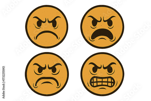 Retro vintage angry emoticon set. Vector smiley emoji icon collection. Negative emotion, mad face expression. Character icon for stress, frustration, bad mood, rage and fury.