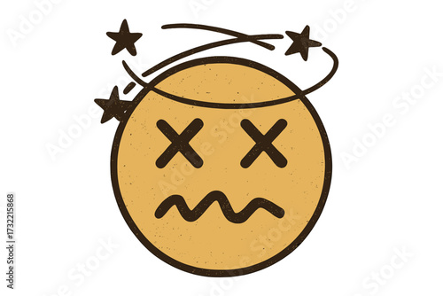 Dizzy emoticon in retro vintage style. Confused, stunned, knocked out, dead face with seeing stars. Sickness or vertigo concept. Unconscious smiley, sick emoji character vector.