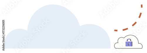 Large cloud connected by a dashed line to a small cloud with a padlock, representing cybersecurity. Ideal for data protection, privacy, secure file sharing, encryption, cloud storage, technology