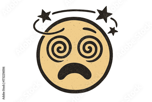 Dizzy confused disoriented smiley face. Retro cartoon character with spiral eyes and stars. Concept for burnout, stress, headache, vertigo or sickness. Vector emoji icon.