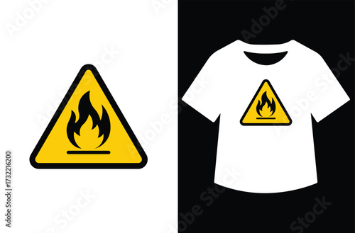  Graphic design of yellow fire hazard symbol shown on triangle sign and printed on white t-shirt. Bold contrast on black background, modern and caution-themed.