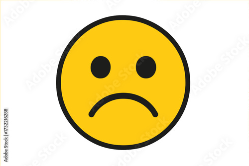 Sad emoji vector emoticon. Unhappy face icon symbol for expressing negative emotions. Concept of sadness, disappointment, bad feedback or review. Isolated yellow smiley graphic.