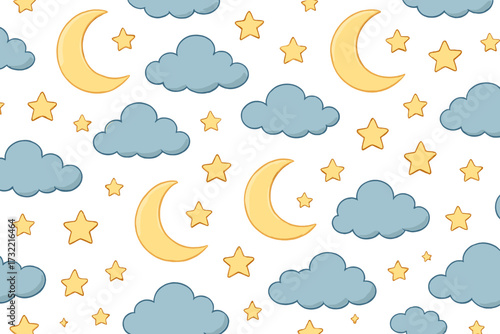 Seamless pattern with cute moon, stars and clouds. Night sky background for kids. Baby shower design. Children nursery wallpaper, textile, fabric. Bedtime sleep vector.
