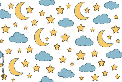 Cute night sky seamless pattern with moon, stars, clouds. Kids bedtime theme background. Baby nursery simple drawing. Childish cartoon vector for children's textile, pajamas.