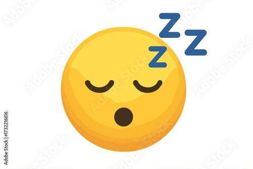 Sleeping face emoticon vector. Cute yellow cartoon smiley emoji icon for chat. Sleepy, tired, dreaming character symbol. Asleep, napping or exhausted avatar illustration.