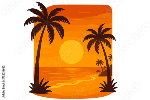 Summer beach party poster vector template. Tropical sunset over the ocean with palm tree silhouettes. Golden hour landscape for travel, vacation flyer or exotic background design.