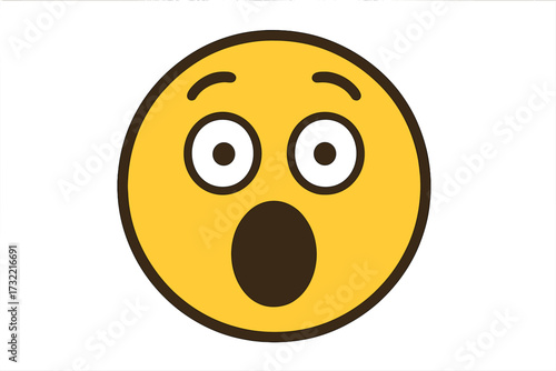 Surprised smiley face emoticon in shock. Astonished emoji character expression. Wow face with open mouth and eyes. Amazed, disbelief, unexpected, omg. Vector icon for chat.