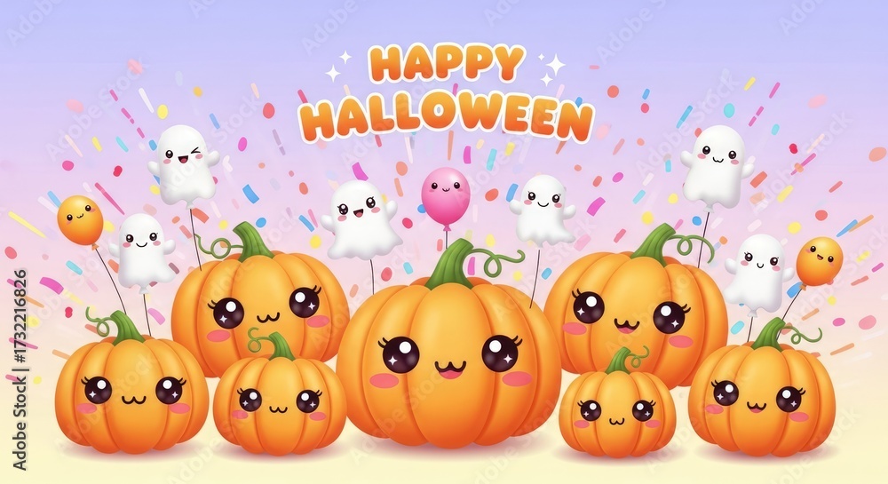 Fototapeta premium Delightful Halloween celebration featuring charming pumpkin characters and playful ghosts, perfect for festive invitations and cheerful holiday greetings
