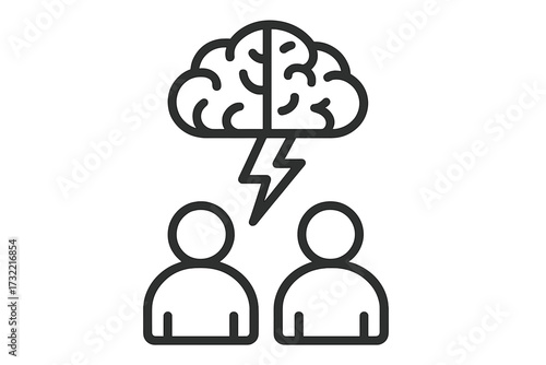 Brainstorming teamwork icon. Creative collaboration and innovation concept. Two people finding a solution. Synergy, idea generation. Brain cloud with lightning for a eureka moment.
