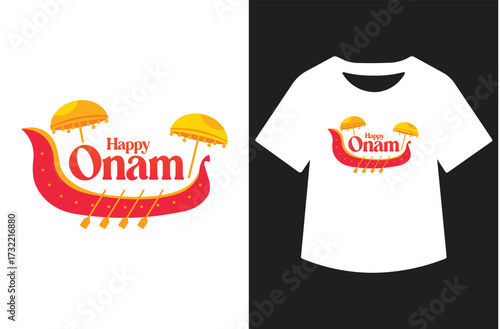 Minimalist black and white graphic featuring "Happy Onam" in modern calligraphy. Text shown standalone and on a white t-shirt design. Clean, bold, high-contrast style for print or design use.