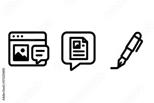 Blogging and content creation vector icon set. Copywriting, writing, and storytelling symbols. Web page, article, and blog post graphic elements for digital marketing.