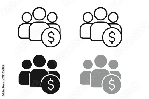 Crowdfunding icon set. Group of people with money symbol. Vector icons for concepts like fundraising, investment, donation, community support, and making money. 4 styles.