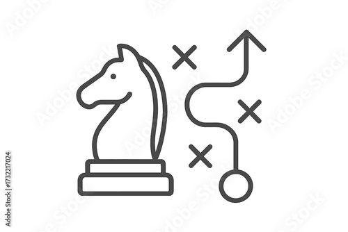 Chess knight strategy icon. Business strategic planning and tactics. Roadmap to success, goal achievement and mission. Vector line art of a horse and a path or route.