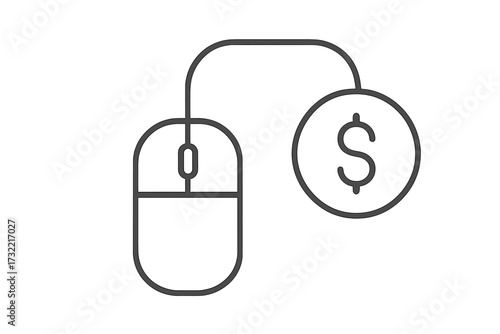 Vector line icon for pay per click. PPC advertising concept with mouse and dollar coin. Digital marketing symbol for cost per click and online earning. Monetization business.